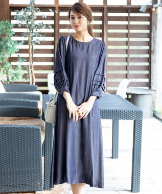 Tiaclasse L 【洗える】ナローフレアパフスリーブワンピース ネイビー