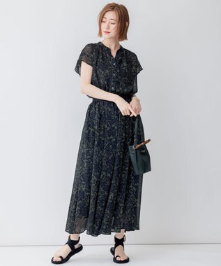 23区 【洗える】ボタニカルプリント スキッパー ブラウス カーキ×ネイビープリント