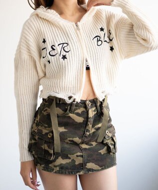 WEGO 刺繍ダメージニットWZIPパーカー ホワイト