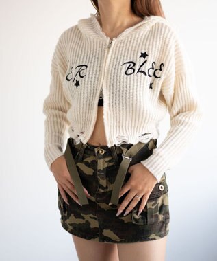 WEGO 刺繍ダメージニットWZIPパーカー ホワイト