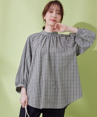 ANY 【速乾/UVカット/抗菌防臭/手洗い】エニィファンクションボリューム袖ブラウス グレンチェック