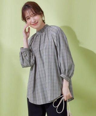 ANY 【速乾/UVカット/抗菌防臭/手洗い】エニィファンクションボリューム袖ブラウス グレンチェック