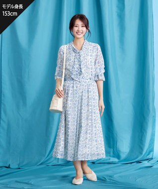 Tiaclasse 【洗える】プリントボウタイ柄ワンピース ブルー