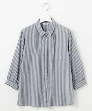 J.PRESS LADIES 【洗える】ウォッシャブルキュプラツイル ピンタック ブラウス ネイビーシャンブレーストライプ系