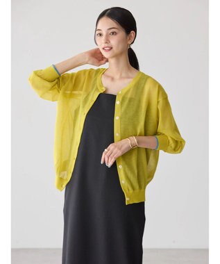 AMERICAN HOLIC バイカラーシアーニットカーディガン Yellow