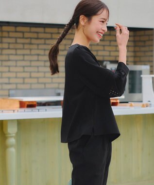 Tiaclasse L 【洗える】袖レースはさみこみシャツ ブラック