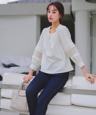 Tiaclasse L 【洗える】袖レースはさみこみシャツ オフホワイト