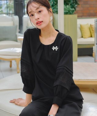 Tiaclasse L 【洗える】袖レースはさみこみシャツ ブラック