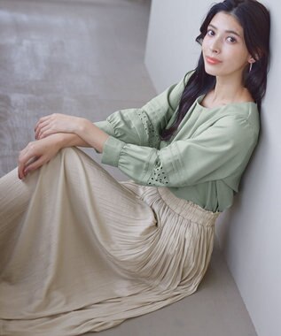 Tiaclasse L 【洗える】袖レースはさみこみシャツ ミント