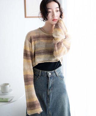 WEGO 段染めボーダーショートニット ブラウン