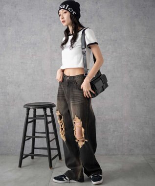 WEGO ヴィンテージウォッシュダメージデニムパンツ ブラック中濃色