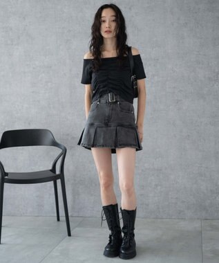 WEGO ベルト付デニムプリーツスカパン ブラックその他