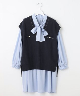 Feroux 【セットアイテム】2WAYリボンタイ ワンピース × ニット ベスト スカイブルー系