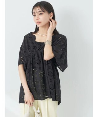 earth music&ecology コットンレースＶネックブラウス Black