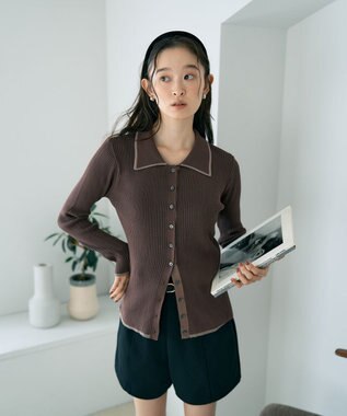 earth music&ecology バイカラートリムロングニットカーディガン Brown