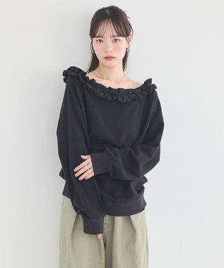 earth music&ecology フリルオフショルウラケスウェット Black