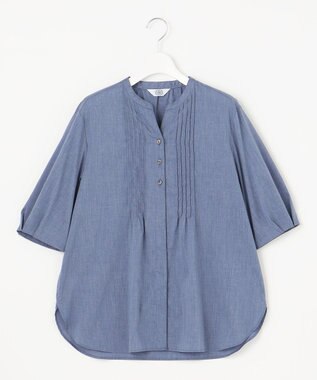 J.PRESS LADIES 【洗える】ラミーポプリン 前開き ブラウス ブルーシャンブレー系