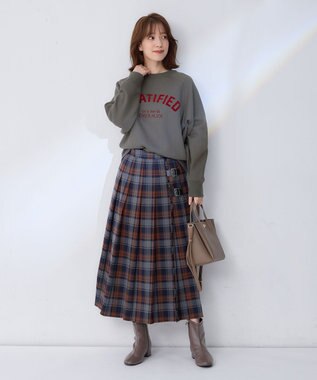 ANY L 【手洗い/ウエストゴム】チェック柄フリンジプリーツスカート グレー
