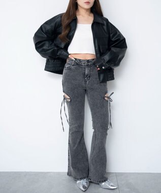 WEGO 【SMサイズ展開/伸びる】カットアウトリボンストレッチフレアデニムパンツ ブラックその他