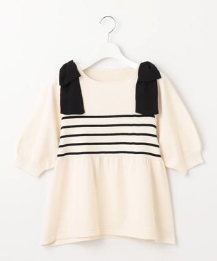 Feroux 肩リボン ペプラムニット ブラック系ボーダー