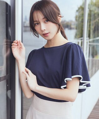 earth music&ecology 【接触冷感/洗濯機可】パイピングフレアスリーブカットソー Navy