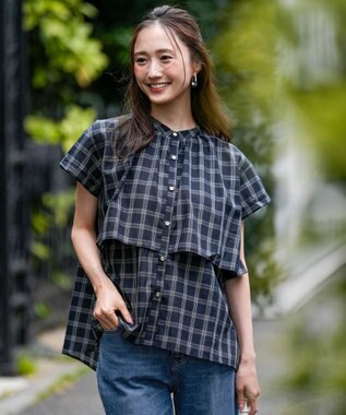ANY SIS L 【洗える】バンドカラーレイヤード ブラウス ネイビーチェック
