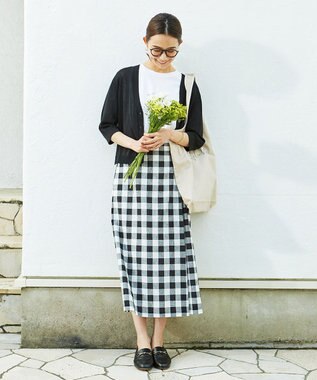 J.PRESS LADIES 【洗える】BEZコットンリネンブロックギンガム スカート ブラック系4