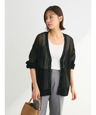 Green Parks メッシュミディ丈ニットカーディガン Black