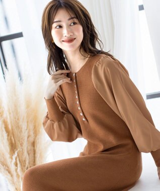 Tiaclasse 【洗える】パフ袖が大人可愛い袖コンビニットワンピース オレンジ