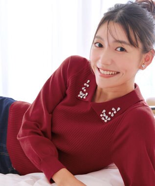 Tiaclasse 【洗える】襟ビジュー付きニットプルオーバー レッド