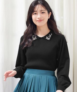 Tiaclasse 襟ビジュー付きニットプルオーバー ブラック