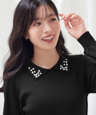 Tiaclasse 襟ビジュー付きニットプルオーバー ブラック