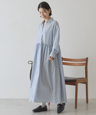 AMERICAN HOLIC 【イージーケア】ギャザーシャツワンピース Stripe Sax