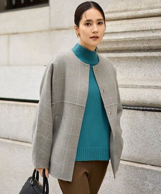 ウールリバーチェック柄ノーカラー コート