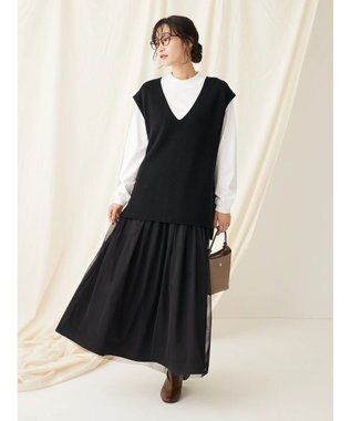 CRAFT STANDARD BOUTIQUE 【2点セット】洗える 60/2 14G片畦Vネックベスト+ロンTEE SET Black