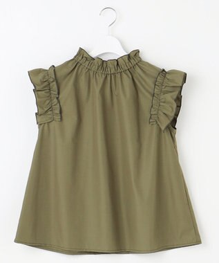 Feroux 【洗える】スタンドカラーフリルスリーブ ブラウス カーキ系