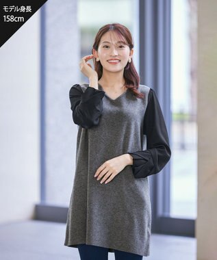 Tiaclasse 【洗える】タック袖コンビニットチュニック チャコールグレー