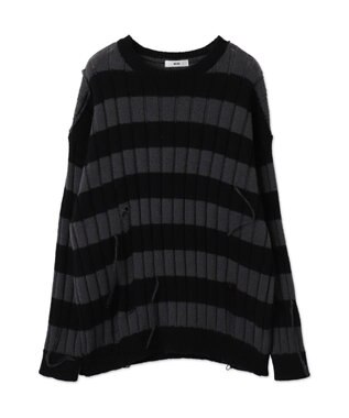 WEGO ボーダーワイドリブダメージニット スミクロ