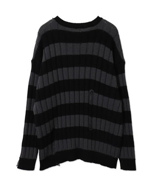 WEGO ボーダーワイドリブダメージニット スミクロ