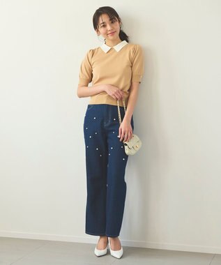 Feroux 【洗える】バイカラー襟 ニット ベージュ系