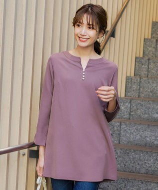 Tiaclasse 【ダブルストレッチ・洗える】スキッパーパールチュニックブラウス ピンク