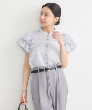 earth music&ecology ミニチェックバルーンスリーブブラウス Blue