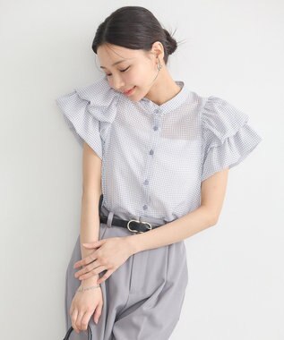 earth music&ecology ミニチェックバルーンスリーブブラウス Blue