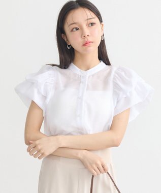 earth music&ecology ミニチェックバルーンスリーブブラウス Off White