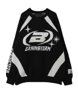 WEGO 配色スポーツグラフィックフラッフィーニットプルオーバー ブラック