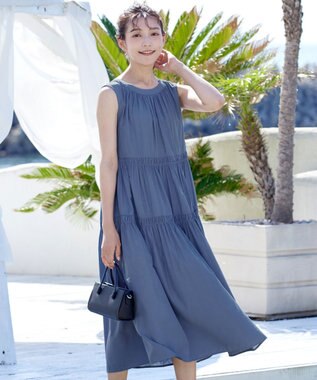 Tiaclasse 【洗える】後ろリボンシャーリングワンピース ブルー