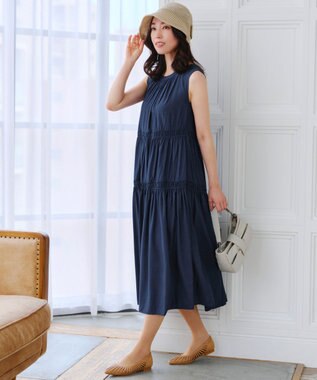 Tiaclasse 【洗える】後ろリボンシャーリングワンピース ネイビー