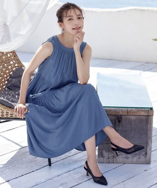 Tiaclasse 【洗える】後ろリボンシャーリングワンピース ブルー