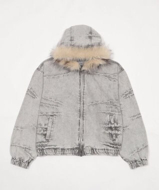 WEGO 【ユニセックス着用ITEM】ファーフードスラッシュデニムブルゾン グレー