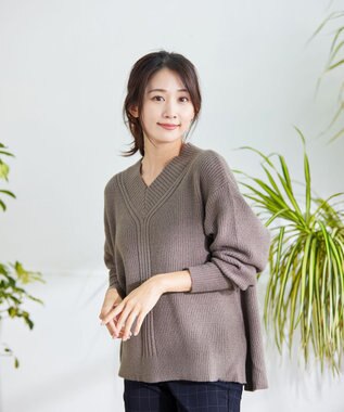 Tiaclasse L 【洗える】Vネック起毛ニットトップス モカ